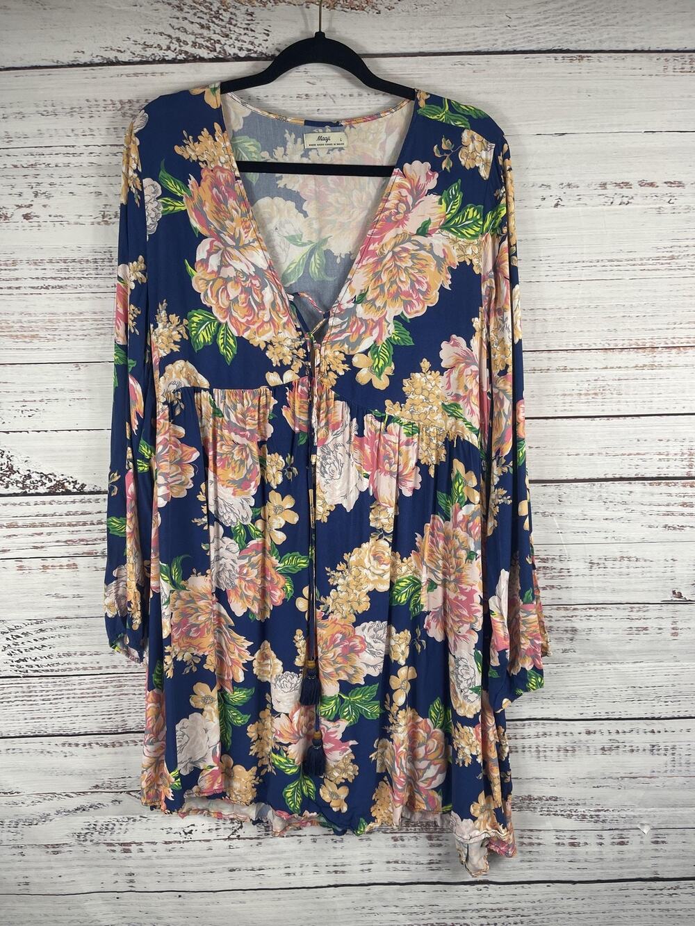 Maaji Dress Women's Large Blue Floral Boho Long Sleeve Tassel Coverup Beachwear